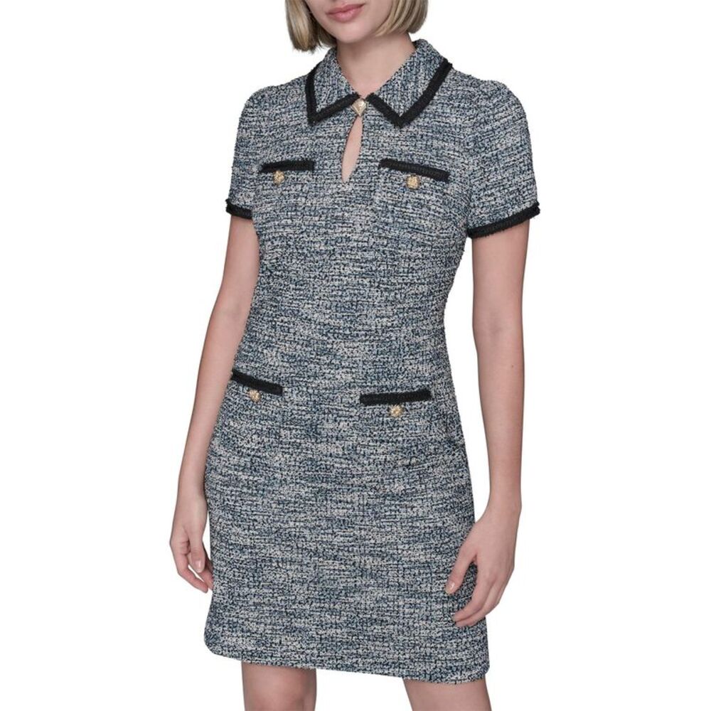 Karl Lagerfeld Paris Womens Tweed Collared Shift Dress 8 Beacon Blue/Teal Multi